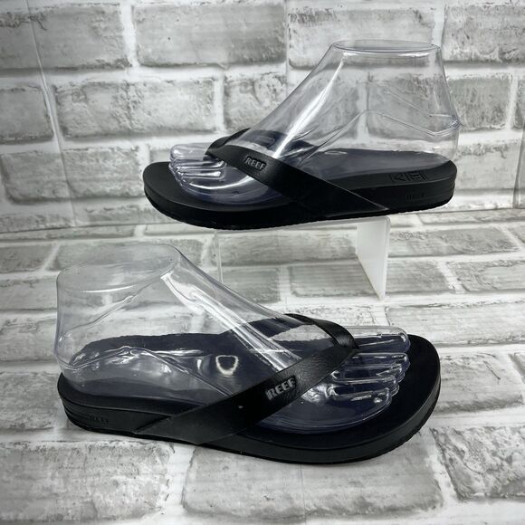 Reef Cushion Court Women's Size 6 Black Vegan Leather Flip Flops Thong Sandal - Picture 1 of 11